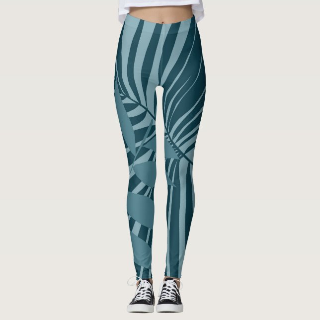 palm & tropical leaf abstract in blue green gray leggings (Front)