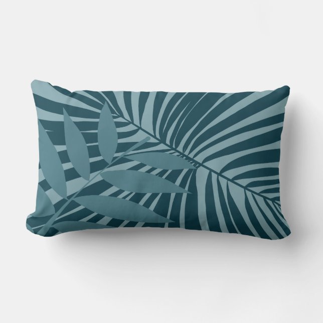 palm & tropical leaf abstract in blue green gray lumbar pillow (Front)