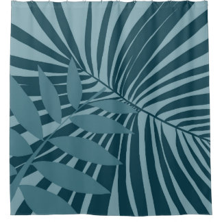 palm & tropical leaf abstract in blue green gray shower curtain