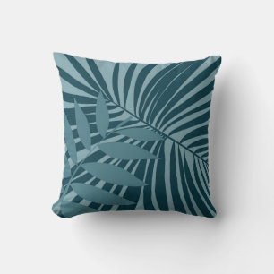 palm & tropical leaf abstract in blue green gray throw pillow
