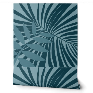 palm & tropical leaf abstract in blue green gray wallpaper