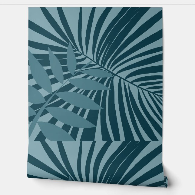 palm & tropical leaf abstract in blue green gray wallpaper  (Unrolling)