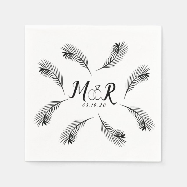 Palm Tropical Leaf Ring Wedding Logo Napkins (Front)