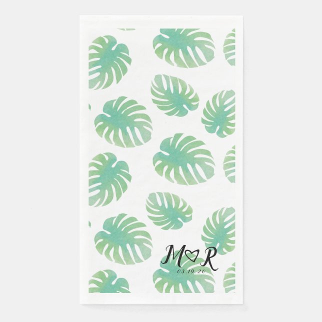 Palm Tropical Leaf  Wedding Logo   Green Paper Guest Towels (Front)