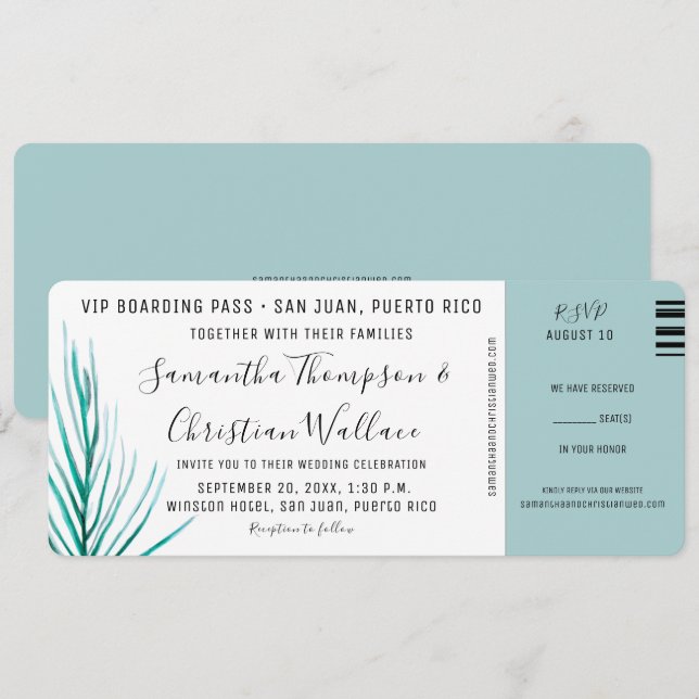 Palm Watercolor Chic Destination Wedding  Invitation (Front/Back)