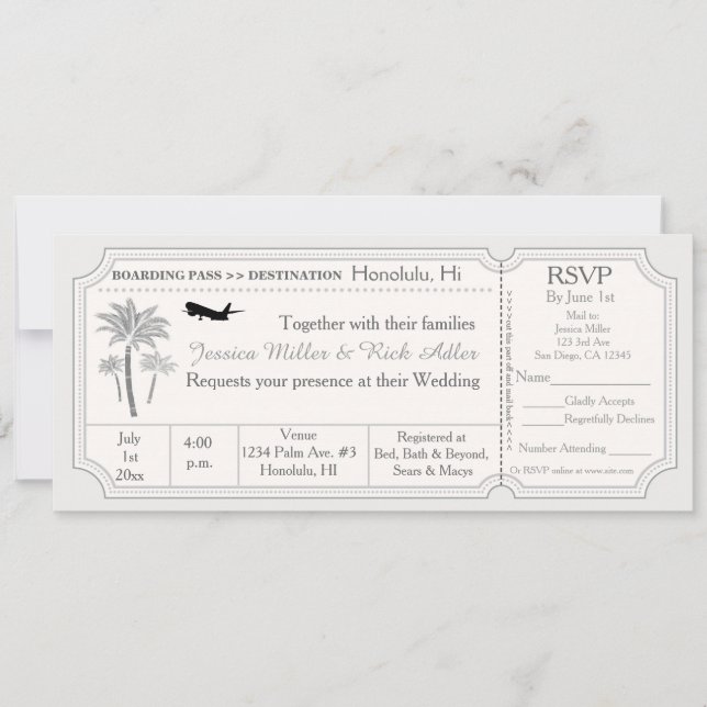 Palm Wedding Destination Ticket Invitation RSVP (Front)
