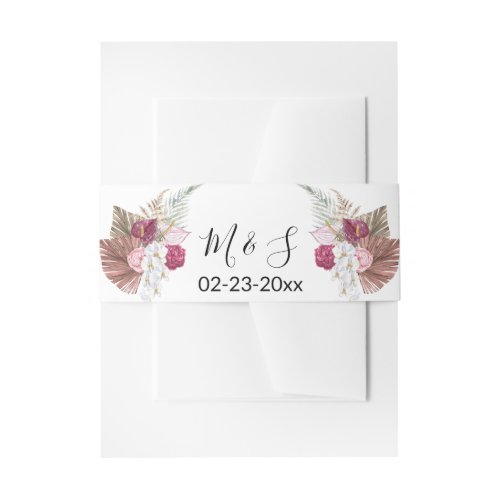 Palm White Orchids Blush Burgundy Floral Wedding Invitation Belly Band