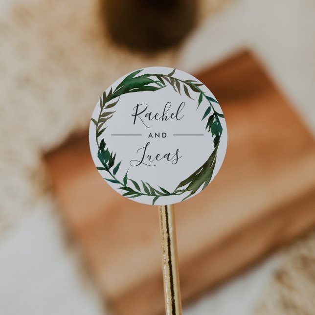 Palm Wreath Personalized Wedding Classic Round Sticker (Creator Uploaded)