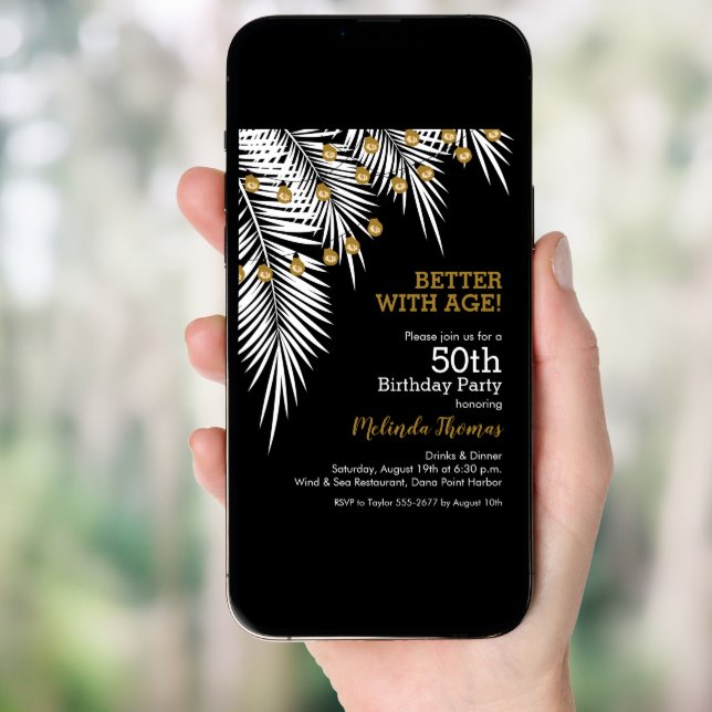Palms 50th Black and Gold Birthday Party Invitation (Front Digital)