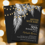 Palms 50th Black and Gold Birthday Party Invitation<br><div class="desc">White palm tree fronds with gold light strands on a black background,  these are fun birthday party invitations for any age. See MATCHING items in our collection.</div>