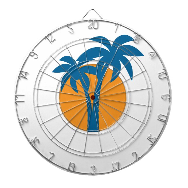 Palms and orange sun dartboard with darts (Front)