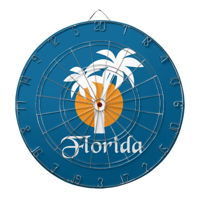 Palms and orange sun dartboard with darts (Front)