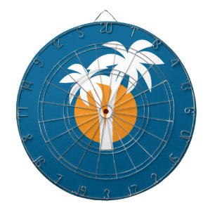 Palms and orange sun dartboard with darts