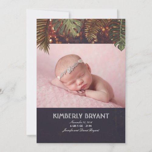 Palms and String Lights Beach Photo Baby Birth Announcement