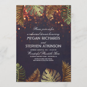 Palms and String Lights Beach Rehearsal Dinner Invitation