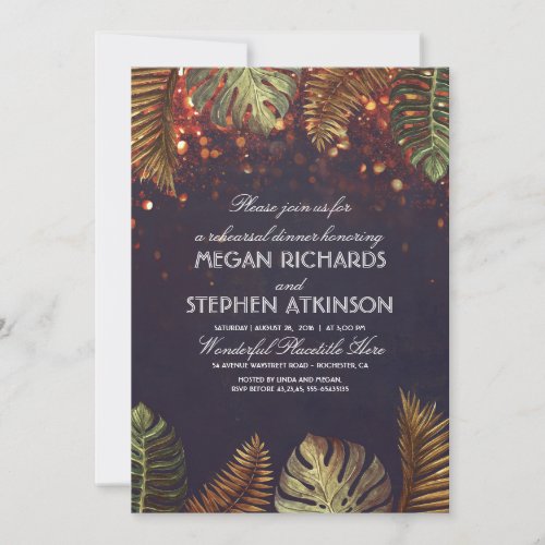 Palms and String Lights Beach Rehearsal Dinner Invitation