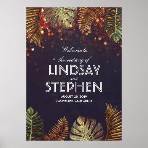 Palms and String Lights Beach Wedding Welcome Sign