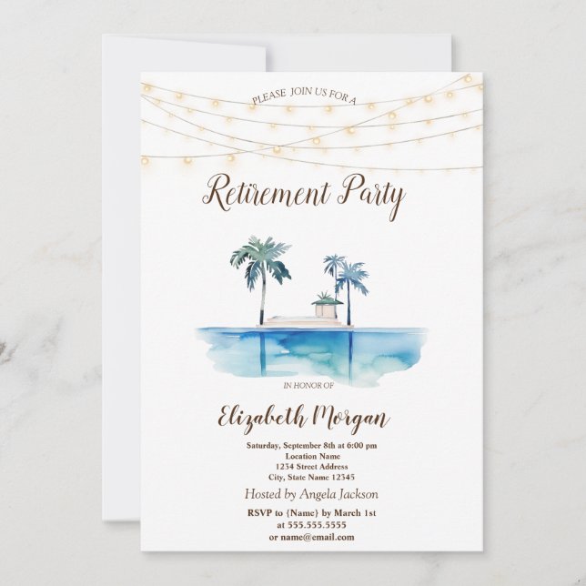 Palms,Beach House,String Lights Retirement Party  Invitation (Front)