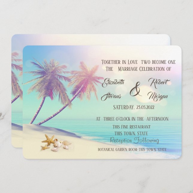Palms Beach Seashells Wedding Invitation (Front/Back)