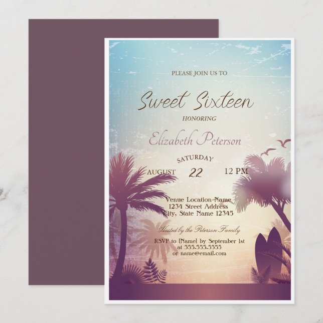 Palms Beach Surfboard Sweet 16 Party   Invitation (Front/Back)