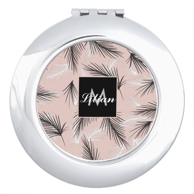 Palms Black White Earthy Tone Pink Monogrammed   Compact Mirror (Front)