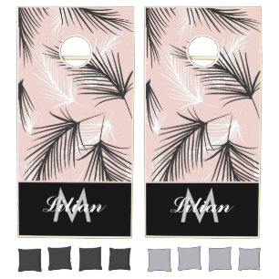 Palms Black White Earthy Tone Pink Monogrammed Cornhole Set