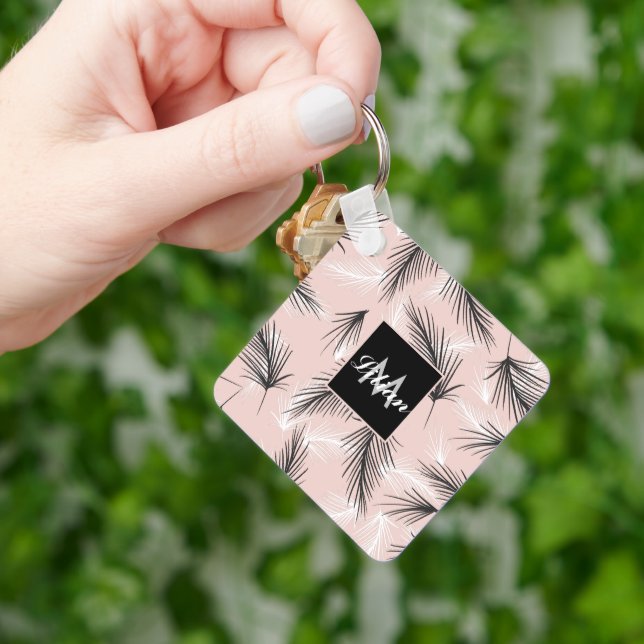 Palms Black White Earthy Tone Pink Monogrammed   Keychain (Hand)