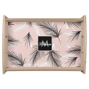 Palms Black White Earthy Tone Pink Monogrammed   Serving Tray