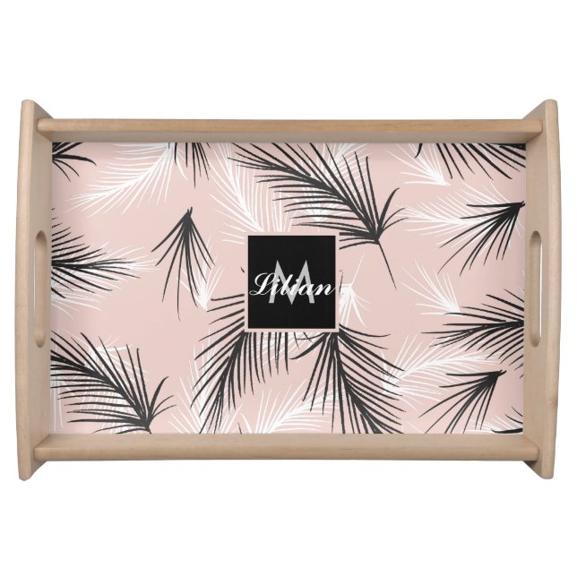 Palms Black White Earthy Tone Pink Monogrammed   Serving Tray (Front)