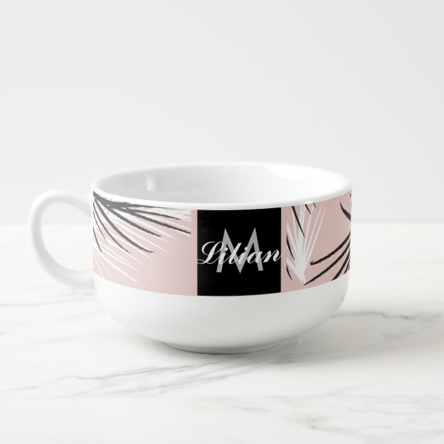 Palms Black White Earthy Tone Pink Monogrammed  Soup Mug (Right)