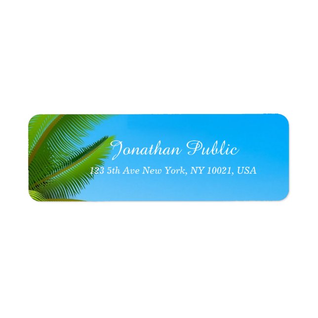 Palms Blue Sky Modern Elegant Hand Script Template Label (Front)