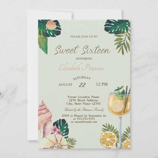 Palms,Cocktails,Seashells Summer Sweet 16 Party   Invitation (Front)