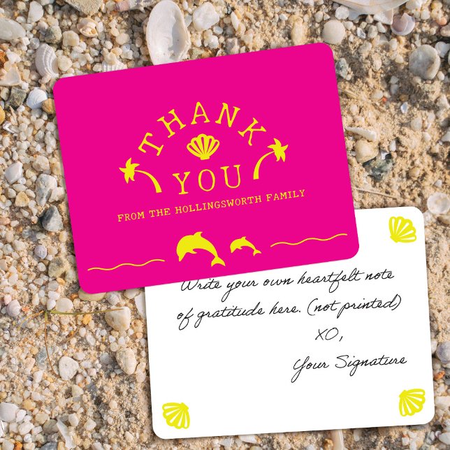 Palms & Dolphins Pink & Yellow Personalized Thank You Card (Creator Uploaded)
