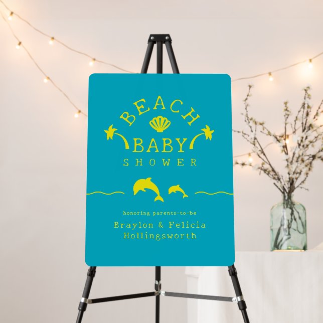 Palms & Dolphins Teal & Yellow Beach Baby Shower Foam Board (In Situ (Stand))
