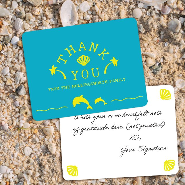 Palms & Dolphins Teal & Yellow Personalized Thank You Card (Creator Uploaded)