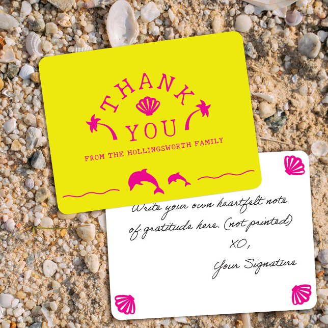 Palms & Dolphins Yellow & Pink Personalized Thank You Card (Creator Uploaded)