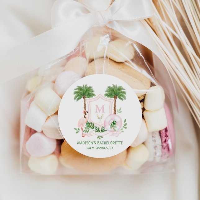 Palms Flamingo Monogram Crest Bachelorette  Classic Round Sticker (Creator Uploaded)