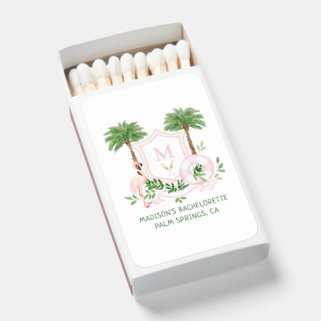 Palms Flamingo Monogram Crest Bachelorette  Matchboxes (Front Open)
