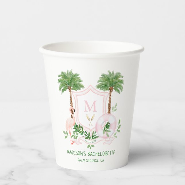 Palms Flamingo Monogram Crest Bachelorette  Paper Cups (Front)