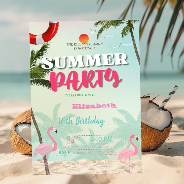 Palms Flamingos Summer Pool Birthday Party Invitation (Creator Uploaded)