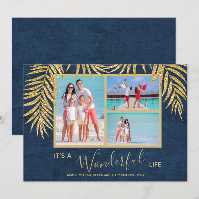 Palms on Blue Photo Collage Christmas Holiday Card (Front/Back)