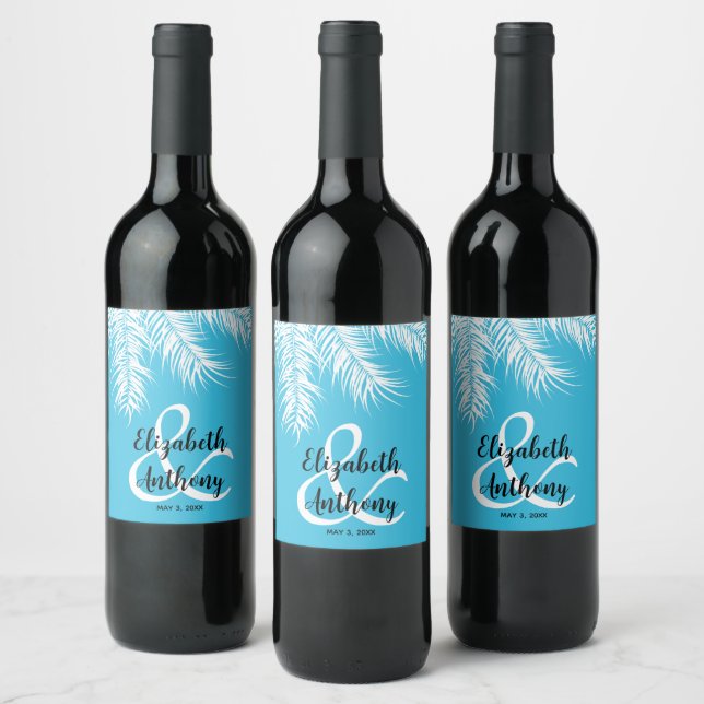 Palms on Blue Wedding Wine Label (Bottles)