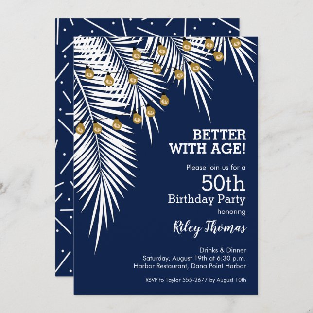 Palms on Navy Blue Birthday Party Invitation (Front/Back)