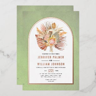 Palms, pampas grass sage green wedding rose gold foil invitation