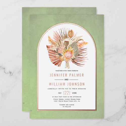 Palms pampas grass sage green wedding rose gold foil invitation