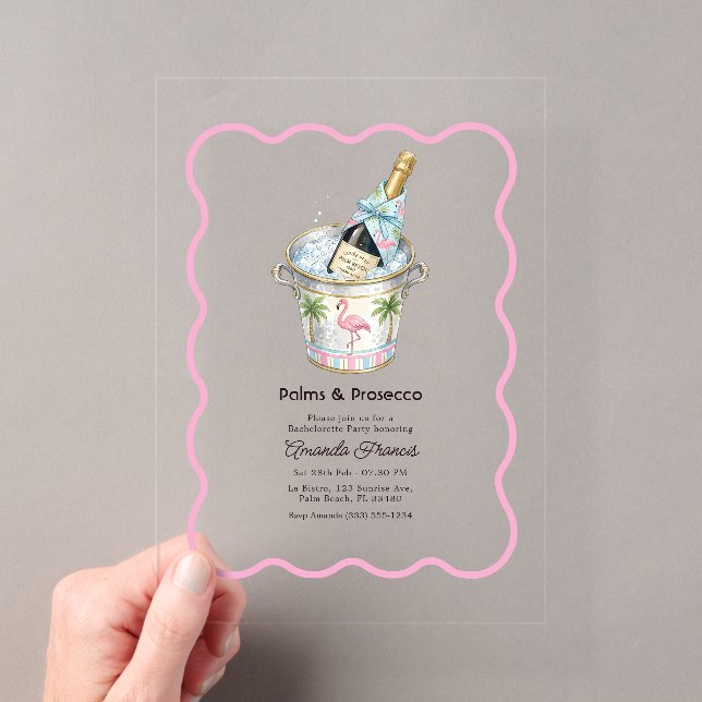 Palms & Prosecco Palm Beach Bachelorette Party Acrylic Invitations (Insitu (Handheld))
