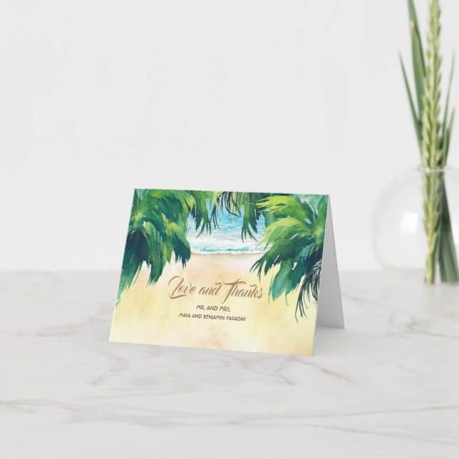 Palms Sea and Sand Watercolor Wedding Thank You (Front)