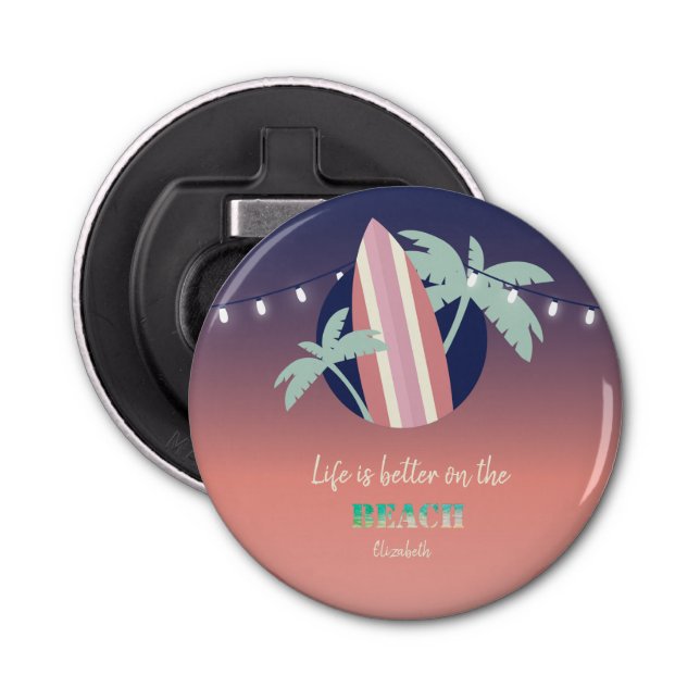 Palms,Surfboard,String Lights Beach Bottle Opener (Front)