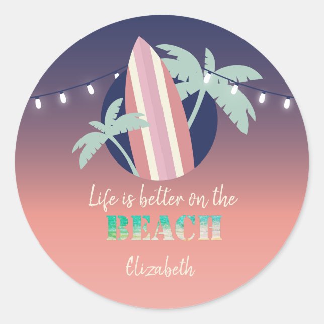 Palms,Surfboard,String Lights Beach Classic Round Sticker (Front)
