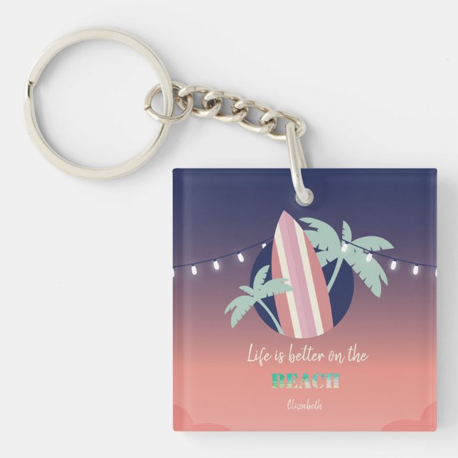 Palms,Surfboard,String Lights Beach Keychain (Front)